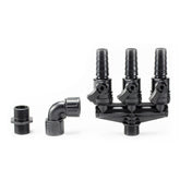 Aquascape vista frontal de la válvula 3-way con acabado negro y conexión segura