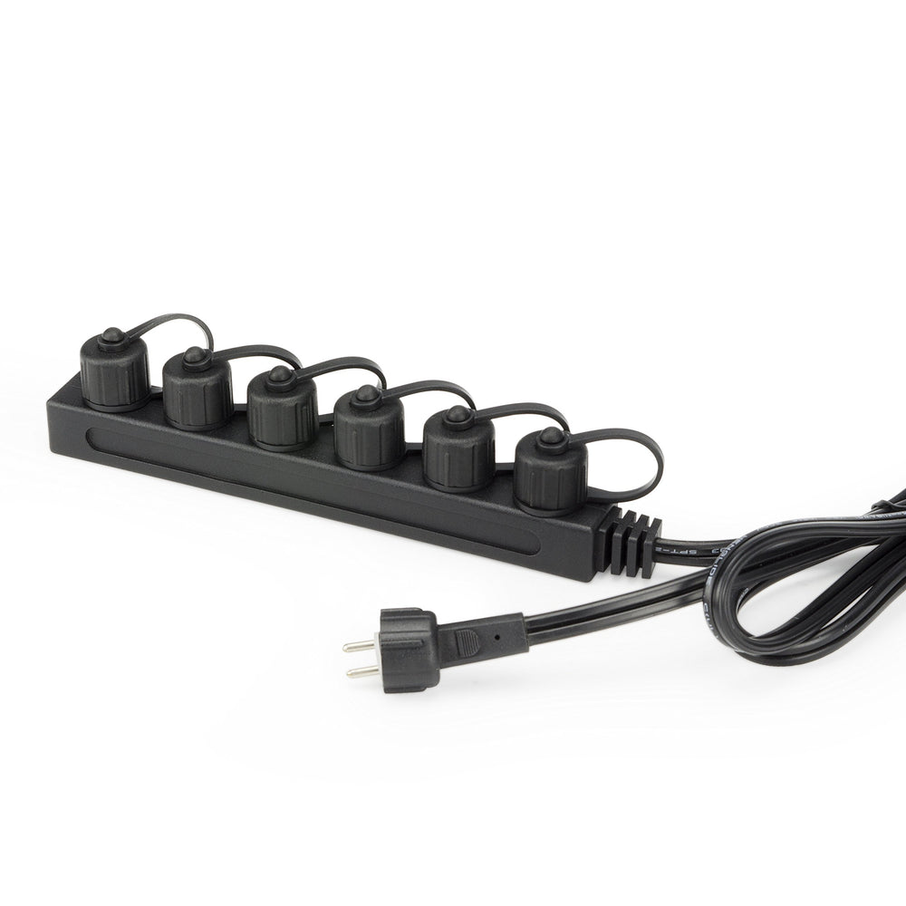 Aquascape divisor frontal 6 vías negro mostrando conexiones robustas y montaje fácil