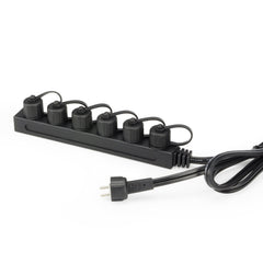 Aquascape divisor frontal 6 vías negro mostrando conexiones robustas y montaje fácil