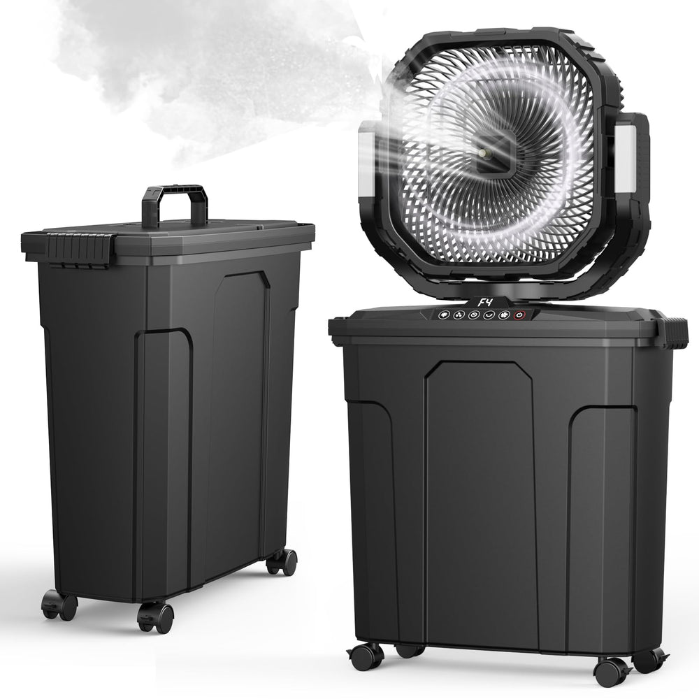 Ausic ventilador frontal mostrando depósito y control, refresca espacios exteriores