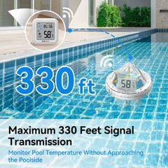 BaldrTherm flotando en piscina con app mostrando control remoto