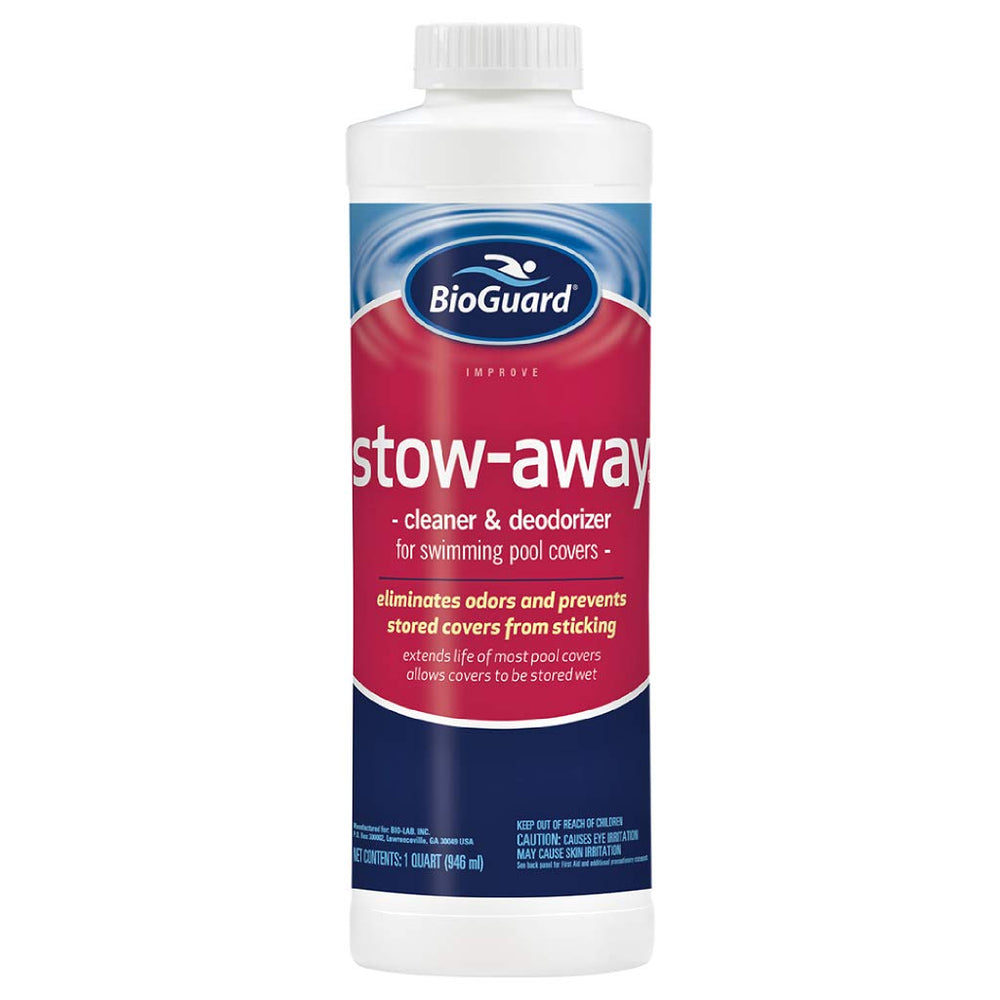 BioGuard envase frontal del limpiador Stow Away mostrando etiqueta y tamaño, protección y limpieza