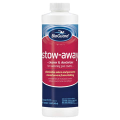 BioGuard envase frontal del limpiador Stow Away mostrando etiqueta y tamaño, protección y limpieza
