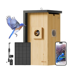 Birdfy caseta frontal con cámara mostrando acceso seguro y observación fácil