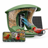 Birdfy vista frontal del comedero mostrando cámara y apertura de alimento