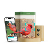 Birdfy comedero frontal mostrando cámara y alimentación, captura visitas claras