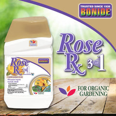 Bonide Rose Rx etiqueta cerca con ingredientes y usos aprobados para jardinería orgánica