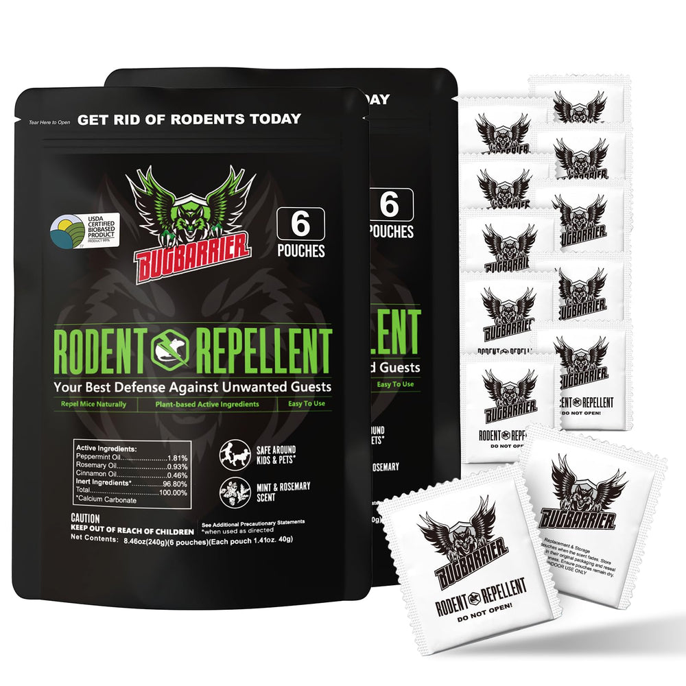 BugBarrier frente del paquete mostrando 12 bolsas y beneficios