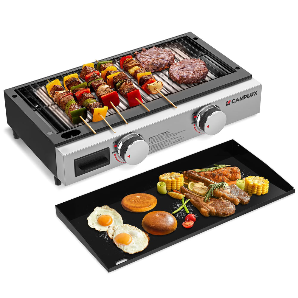 CAMPLUX vista frontal de la parrilla de mesa mostrando controles y rejilla