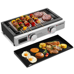 CAMPLUX vista frontal de la parrilla de mesa mostrando controles y rejilla