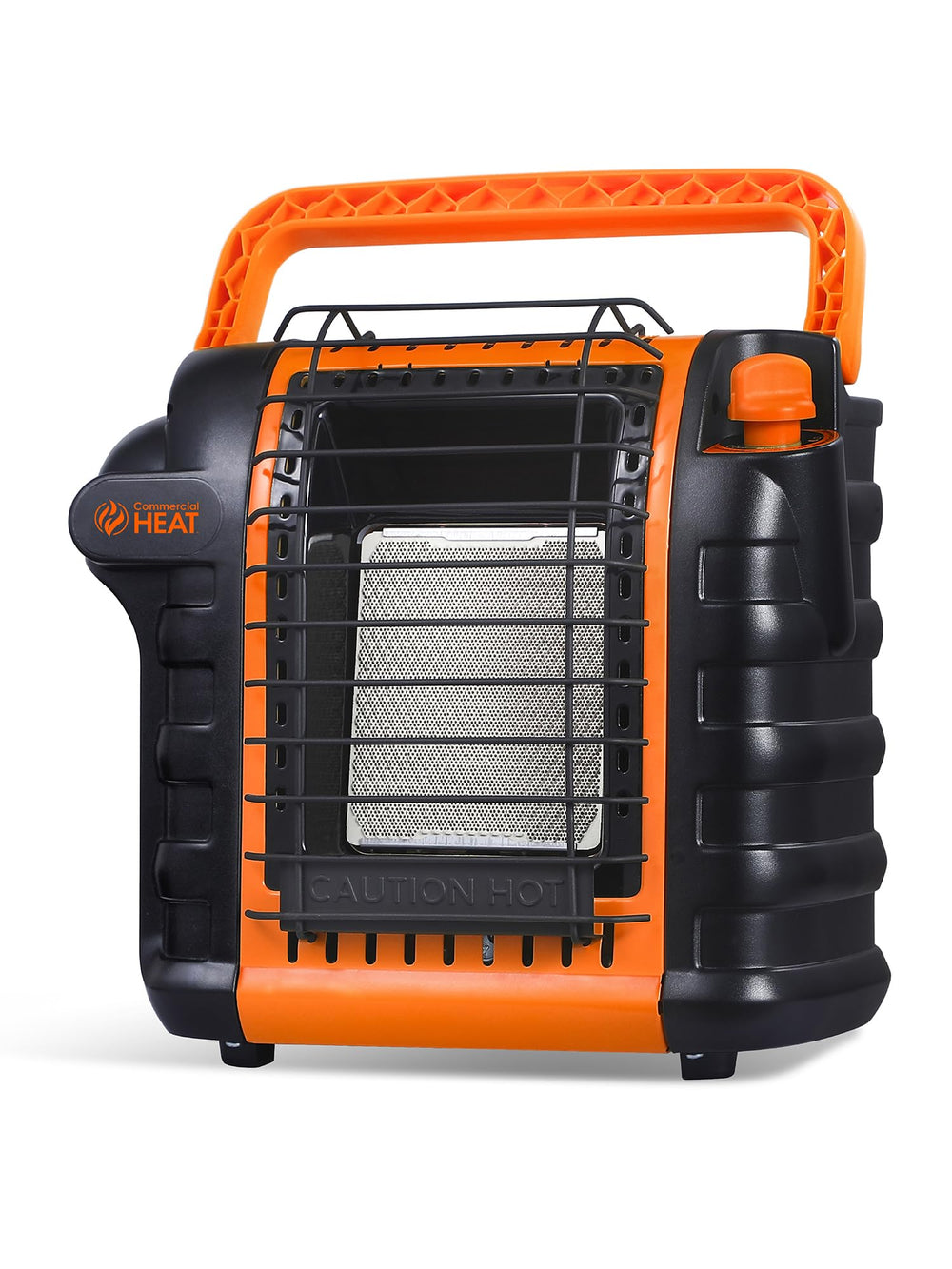 Commercial HEAT vista frontal del calefactor naranja, fácil identificación y potencia