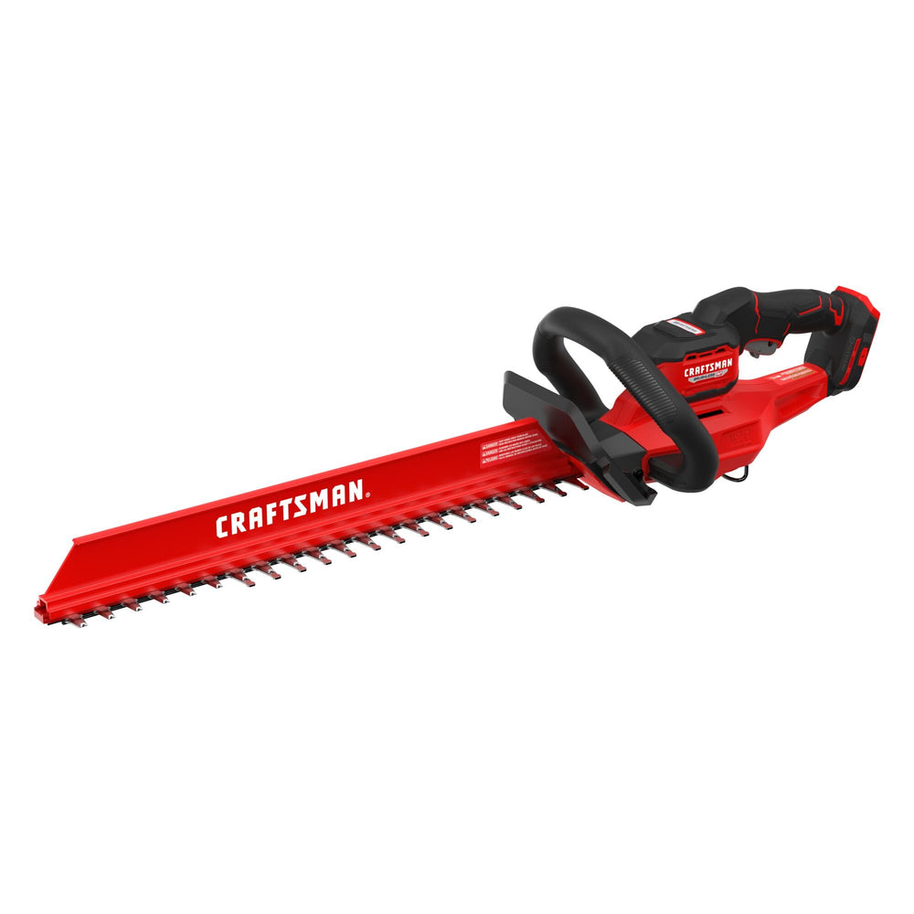 CRAFTSMAN recortasetos frontal mostrando longitud de 22 pulgadas y potencia
