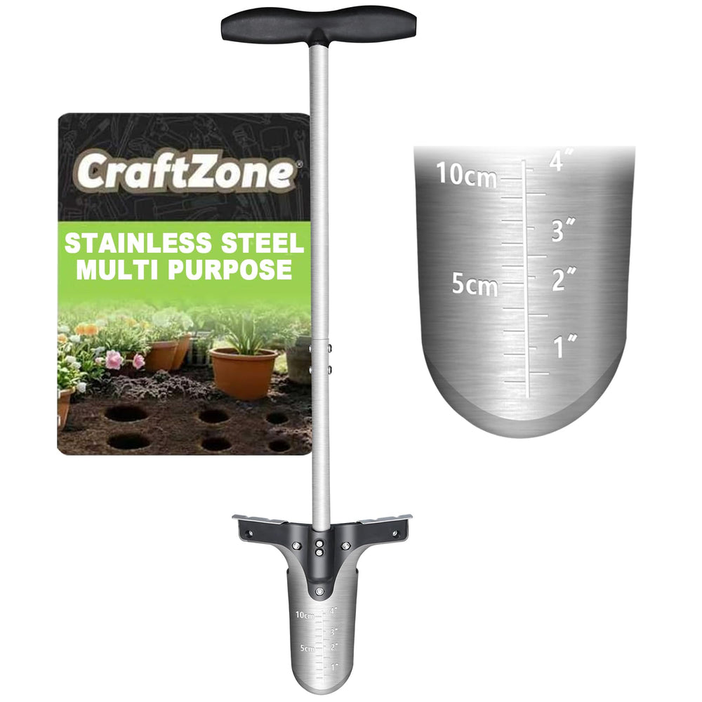CRAFTZONE vista frontal del plantador con mango largo y pedal, facilita plantar rápido
