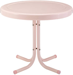 Crosley mesa Griffith frontal en rosa pastel mostrando su formato compacto y durabilidad
