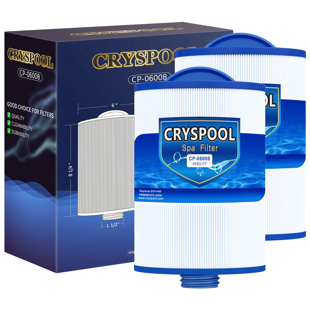 Cryspool filtro frontal mostrando forma cilíndrica y fácil instalación