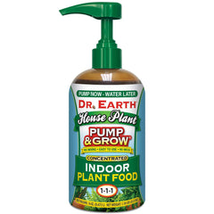Dr. Earth botella frontal Pump & Grow 16 oz mostrando etiqueta y facilidad de uso