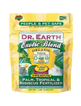 Dr. Earth frente del empaque mostrando marca y uso para plantas tropicales