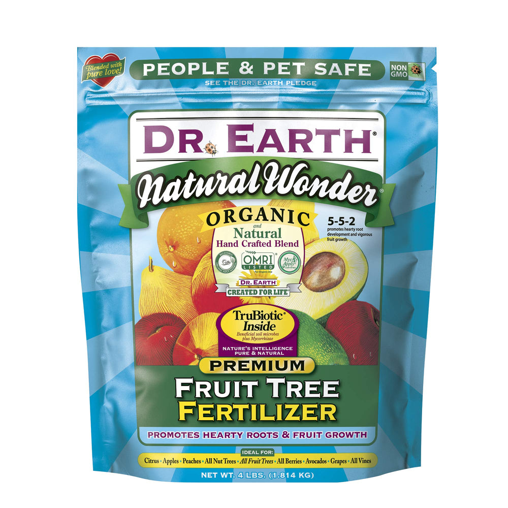 Dr. Earth paquete frontal de 4 lb mostrando la etiqueta y beneficios orgánicos