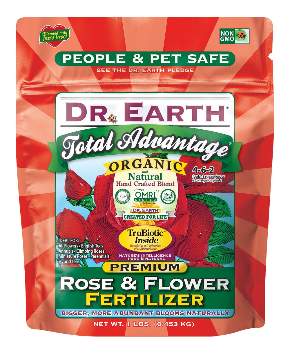 Dr. Earth empaque frontal mostrando abono minis 4-6-2 para floración