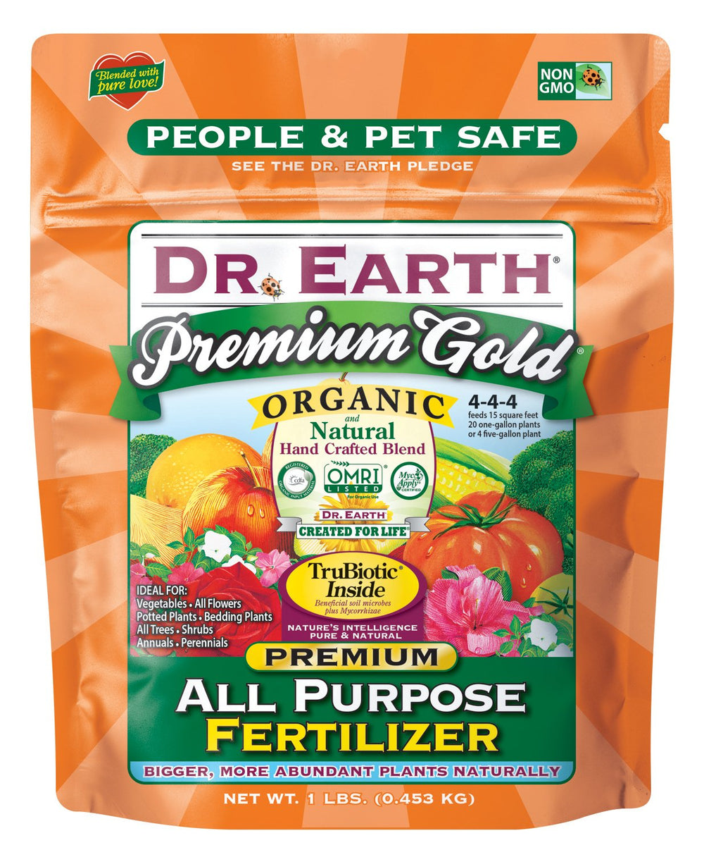Dr. Earth bolsa frente mostrando etiqueta y beneficios para jardín