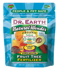 Dr. Earth frasco frontal mostrando etiqueta y beneficios para frutales