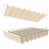 E&K toldo frontal beige instalado mostrando sombra amplia y estilo moderno