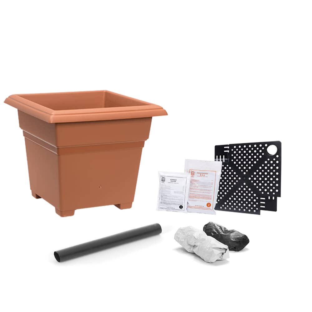 EarthBox kit frontal blanco mostrando el contenedor y accesorios para cultivo fácil