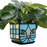 Entlityful maceta gato azul vista frontal con diseño artesanal y encanto decorativo