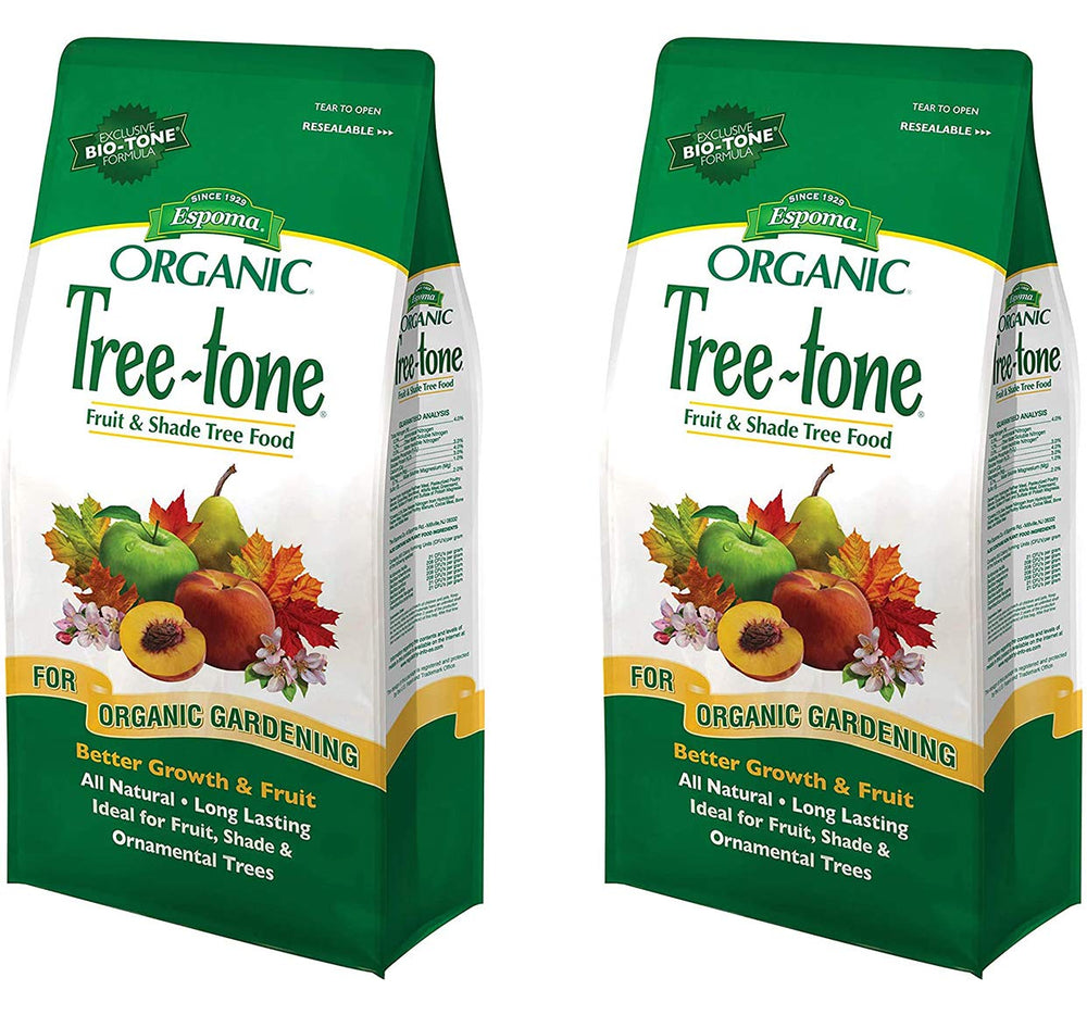 Espoma Tree-tone bolsa frontal mostrando etiqueta y beneficios orgánicos