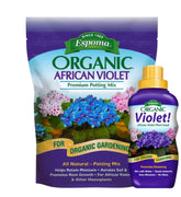 Espoma paquete de mezcla African Violet frontal mostrando diseño y volumen - favorece trasplantes