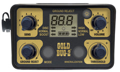 Fisher Gold Bug 2 bobina elíptica impermeable 10.5" mostrando protección ESI y sensibilidad