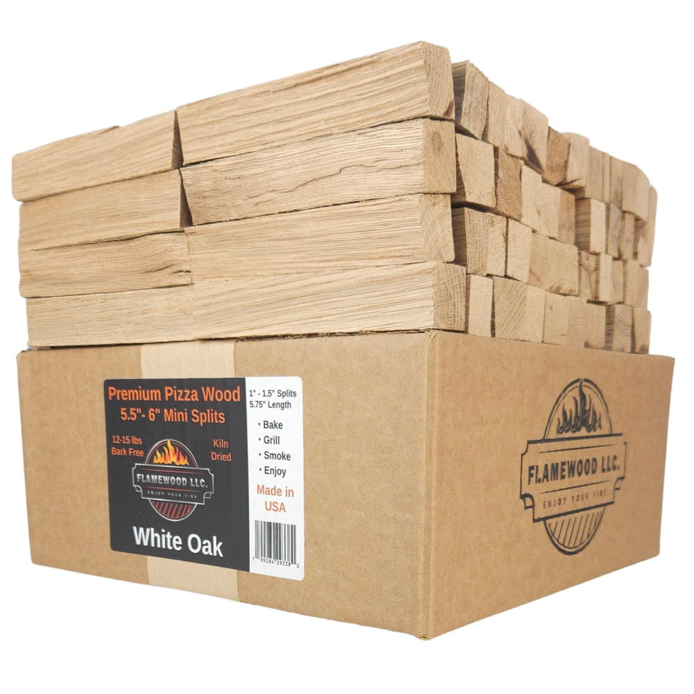 FLAMEWOOD frente de la caja de 14 lbs mostrando mini-splits listos para usar y fácil transporte