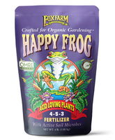 FoxFarm envase frontal Happy Frog mostrando diseño y usos