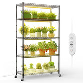 FREELICHT estantería frontal mostrando cinco niveles y cuatro luces LED, ideal para espacios pequeños