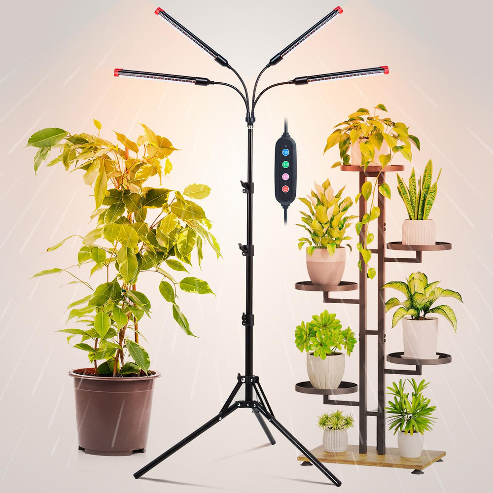 FRGROW vista frontal del panel con cuatro cabezales que ilumina varias plantas