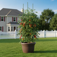 G-LEAF jaula en uso en jardín sosteniendo tomates y hojas sanas