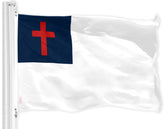 Bandera G128 vista frontal con colores vivos y diseño religioso, para exhibición clara