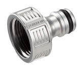 GARDENA conector de grifo frontal mostrando diseño y beneficio de flujo máximo