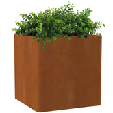 Gardenaire maceta de acero Corten vista frontal con diseño cúbico y acabado resistente