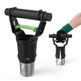 Gardtech plantador frontal mostrando tubo y mango, durabilidad visible