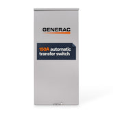 Generac conmutador frontal mostrando caja robusta y montaje rápido para instalación residencial