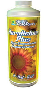 General Hydroponics botella Floralicious Plus frente mostrando etiqueta y tamaño práctico