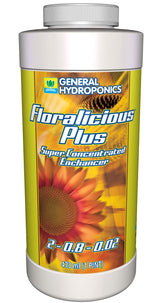 General Hydroponics frasco frontal de Floralicious Plus mostrando etiqueta y volumen, fácil identificación