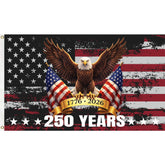 Generic bandera 250th Anniversary vista frontal mostrando diseño patriótico y motivo 1776–2026