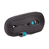 GILMOUR manguera plana frontal mostrando longitud y empaque, riego uniforme