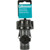 Gilmour válvula cierre frontal gris mostrando diseño y conexión, control fácil del flujo