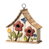 Glitzhome casa de pájaros frontal mostrando diseño y beneficio decorativo