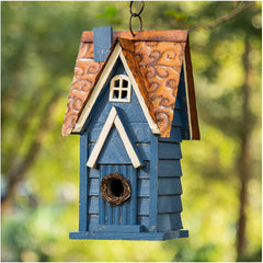 Glitzhome casa para pájaros frontal mostrando acabado azul envejecido y atractivo decorativo