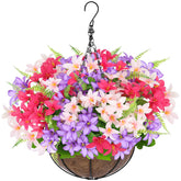 Grandeal canasta colgante frontal mostrando flores fucsia y morado, aporta color duradero