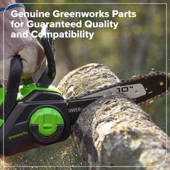 Greenworks comparación de tamaño indica ajuste para espada de 10 pulgadas